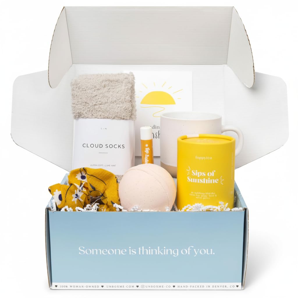 Unboxme Sunshine Spa Gift Basket for Women | Mother's Day Gift Set with Tea, Mug, Bath Bomb & Socks