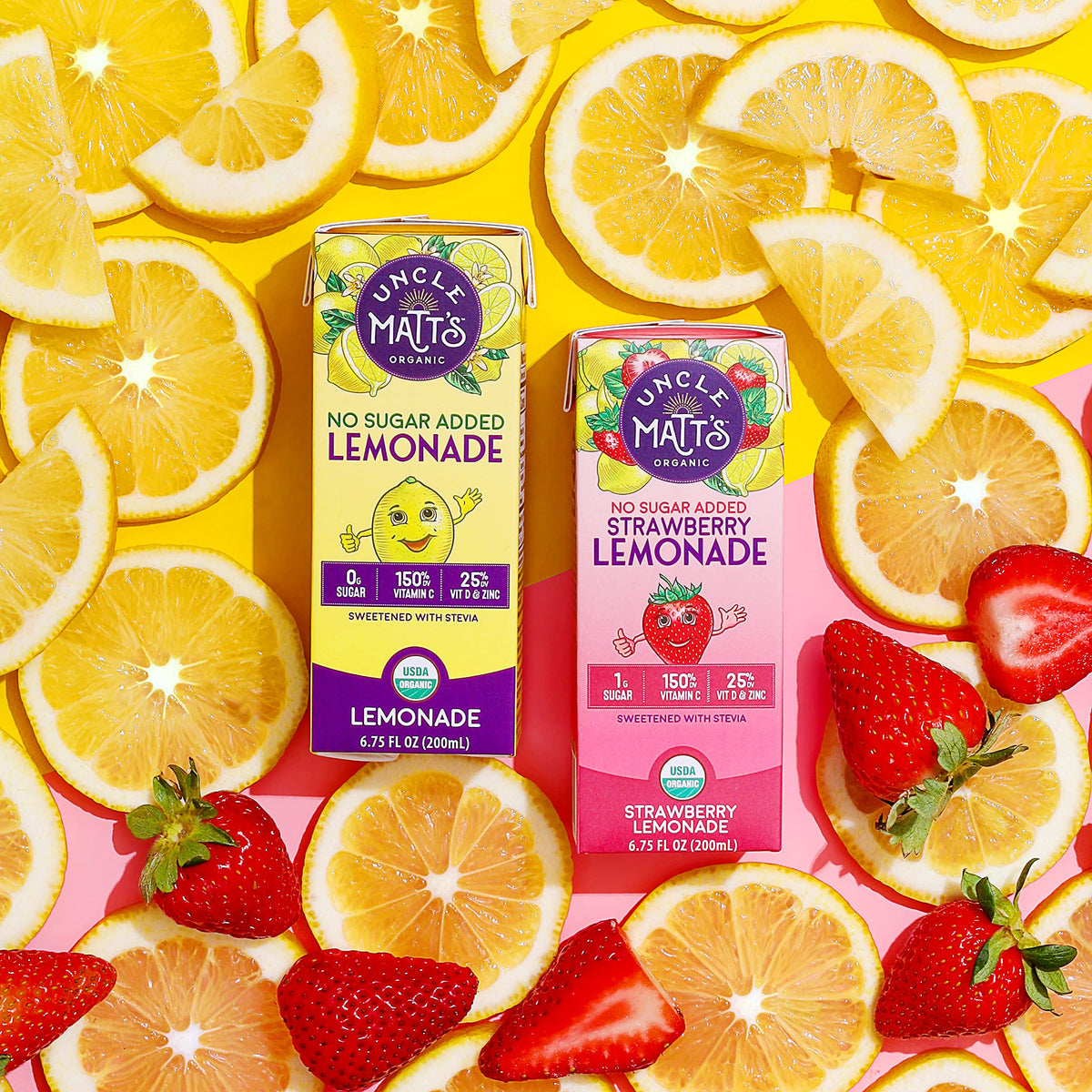 Uncle Matt’s Organic Juice Boxes – 32 Pack No Sugar Added Strawberry Lemonade, 10 Calories, Vitamin C, D & Zinc