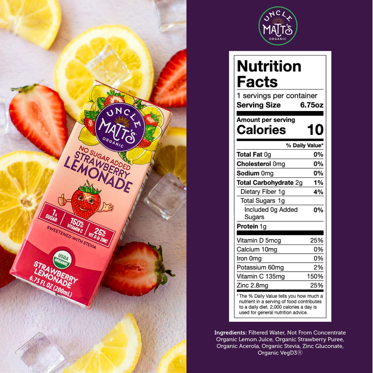 Uncle Matt’s Organic Juice Boxes – 32 Pack No Sugar Added Strawberry Lemonade, 10 Calories, Vitamin C, D & Zinc