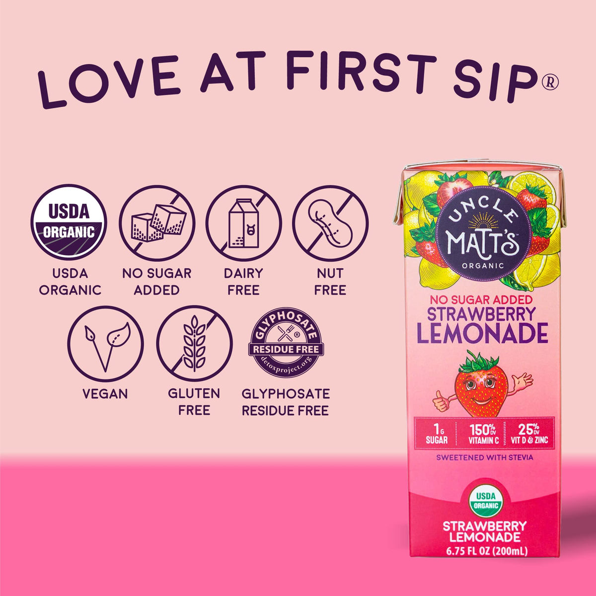 Uncle Matt’s Organic Juice Boxes – 32 Pack No Sugar Added Strawberry Lemonade, 10 Calories, Vitamin C, D & Zinc