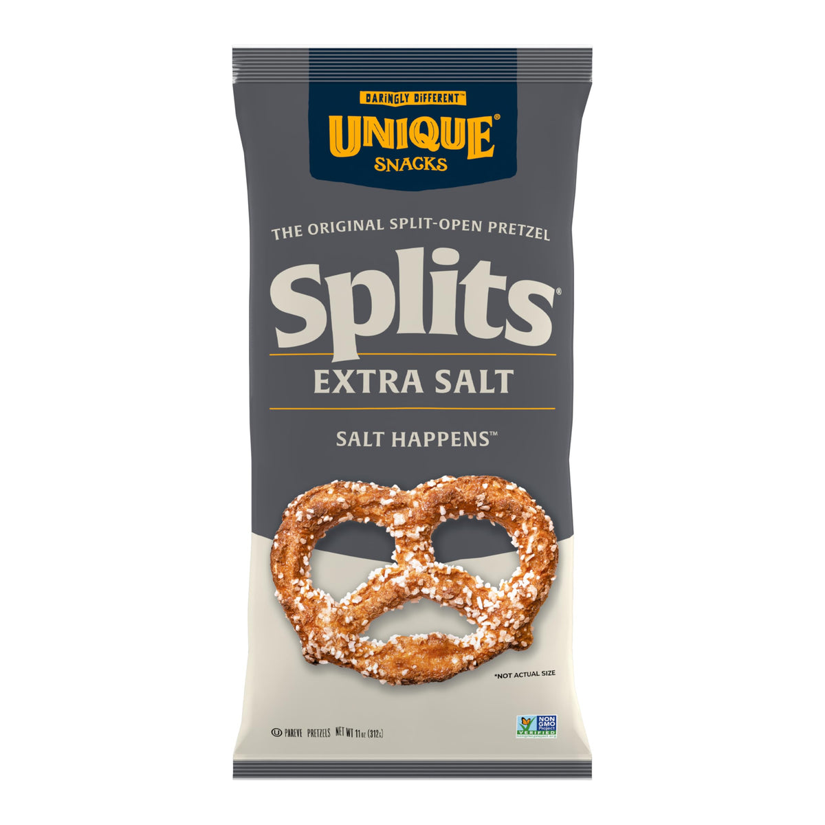 Unique Snacks Extra Salt Splits Pretzels – Original Split-Open, Homestyle Baked, OU Kosher, Non-GMO, 11 oz Bag (Pack of 6)