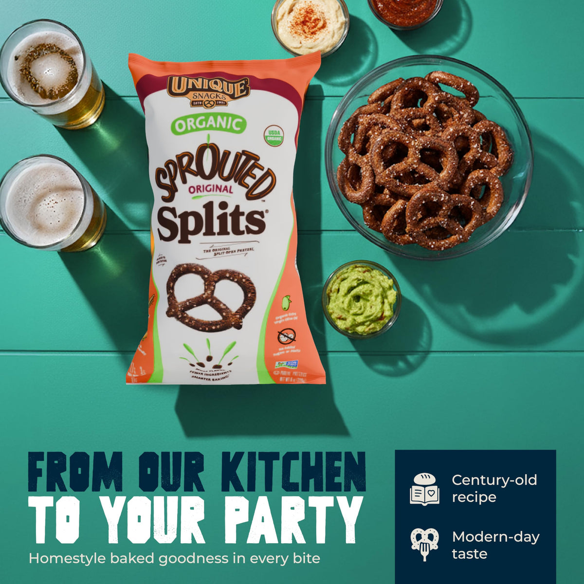 Unique Snacks Sprouted Splits Pretzels - 8 oz Bag (Pack of 3), OU Kosher, Non-GMO