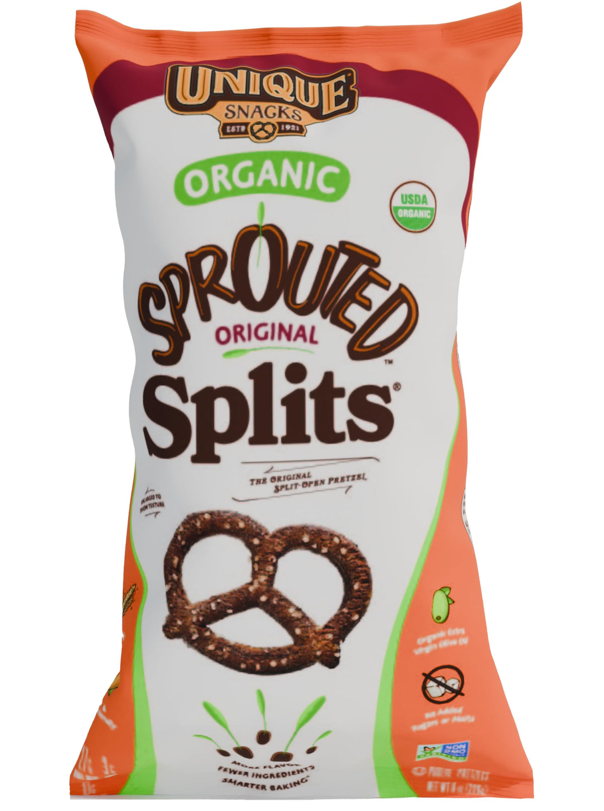 Unique Snacks Sprouted Splits Pretzels - 8 oz Bag (Pack of 3), OU Kosher, Non-GMO