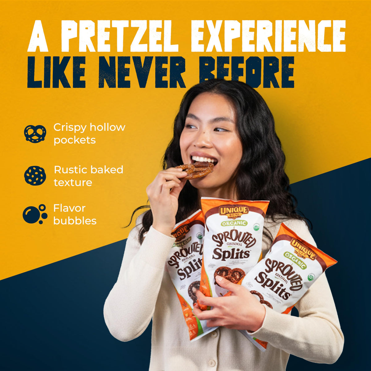 Unique Snacks Sprouted Splits Pretzels - 8 oz Bag (Pack of 3), OU Kosher, Non-GMO