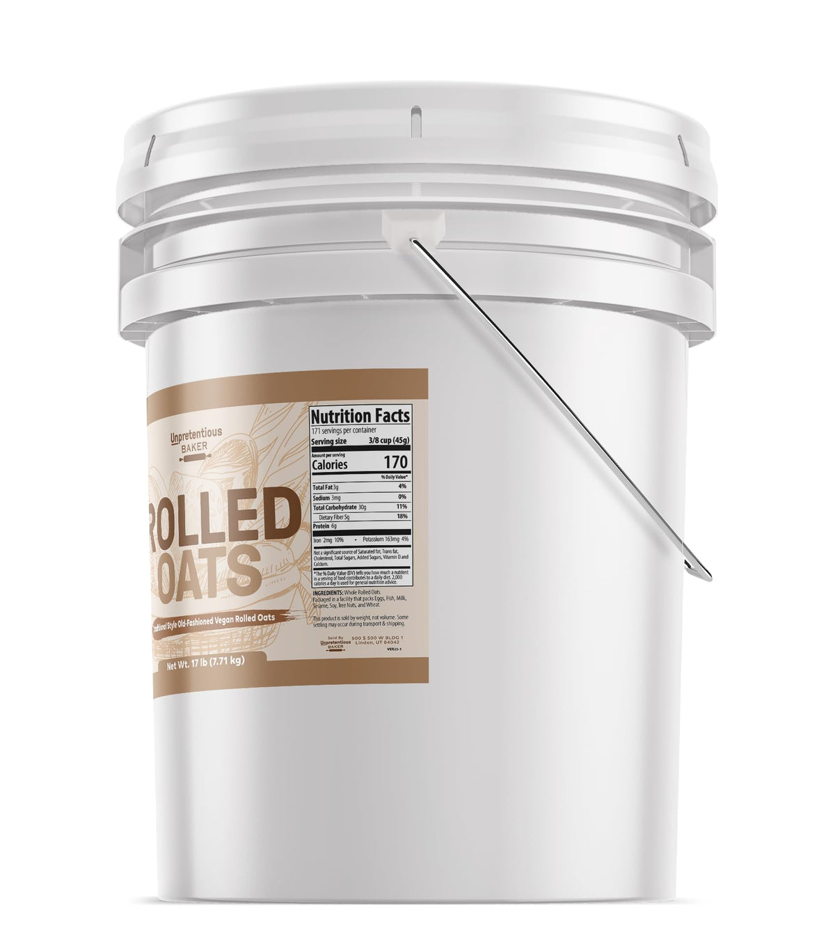 Unpretentious Rolled Oats — 5-Gallon Bucket, Old Fashioned Oats, Iron-Rich