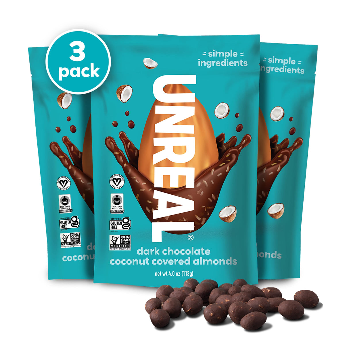 UNREAL Dark Chocolate Coconut Almonds (3 Pack) – Vegan, Gluten Free, Fair Trade