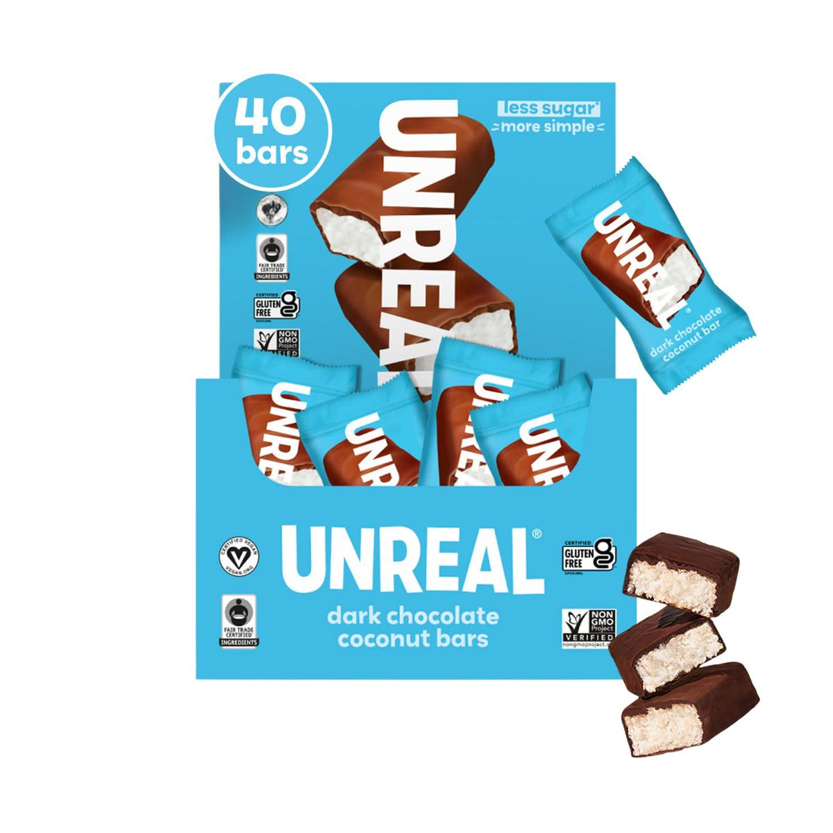 UNREAL Dark Chocolate Coconut Bars (40 Mini Bars) – 3g Sugar, 3 Ingredients | Vegan, Gluten-Free, Non-GMO & Fair Trade