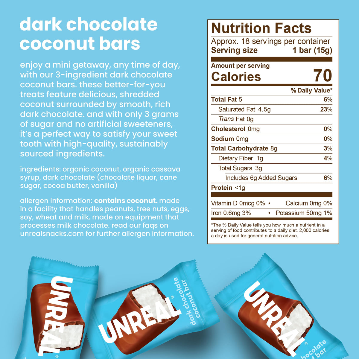 UNREAL Dark Chocolate Coconut Bars (40 Mini Bars) – 3g Sugar, 3 Ingredients | Vegan, Gluten-Free, Non-GMO & Fair Trade