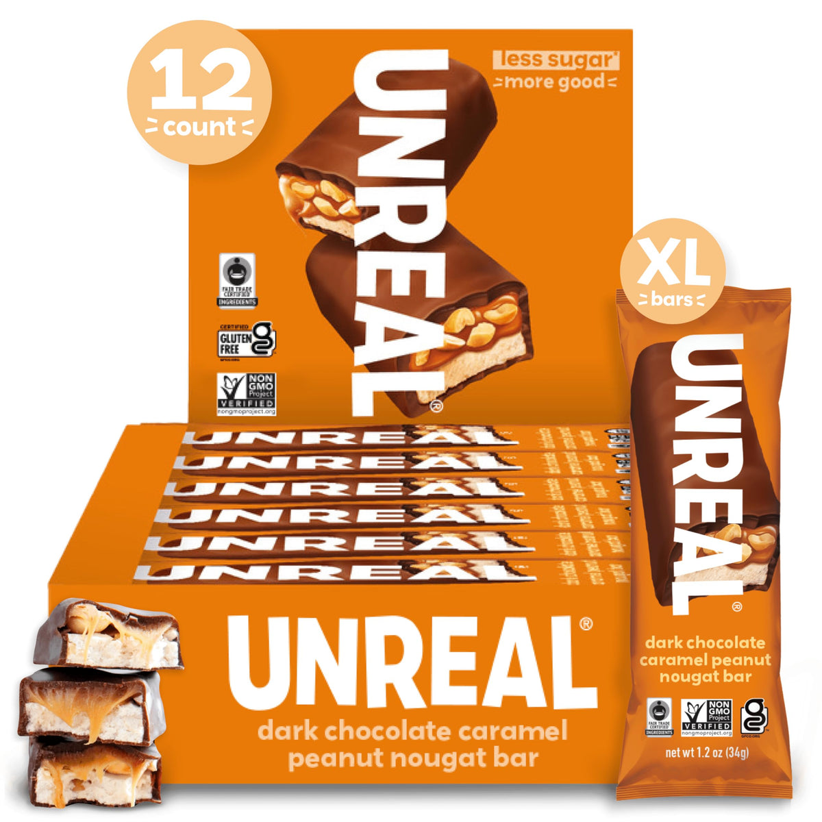 UNREAL Dark Chocolate Peanut Caramel Nougat Bars – 12 Full Size Bars | Individually Wrapped
