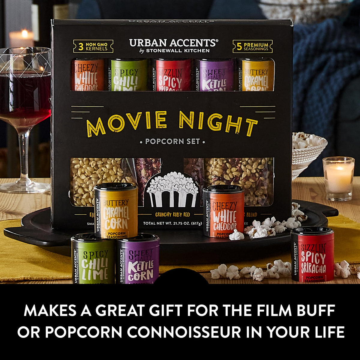 Urban Accents Movie Night Popcorn Gift Set | 3 Gourmet Kernels + 5 Flavorings