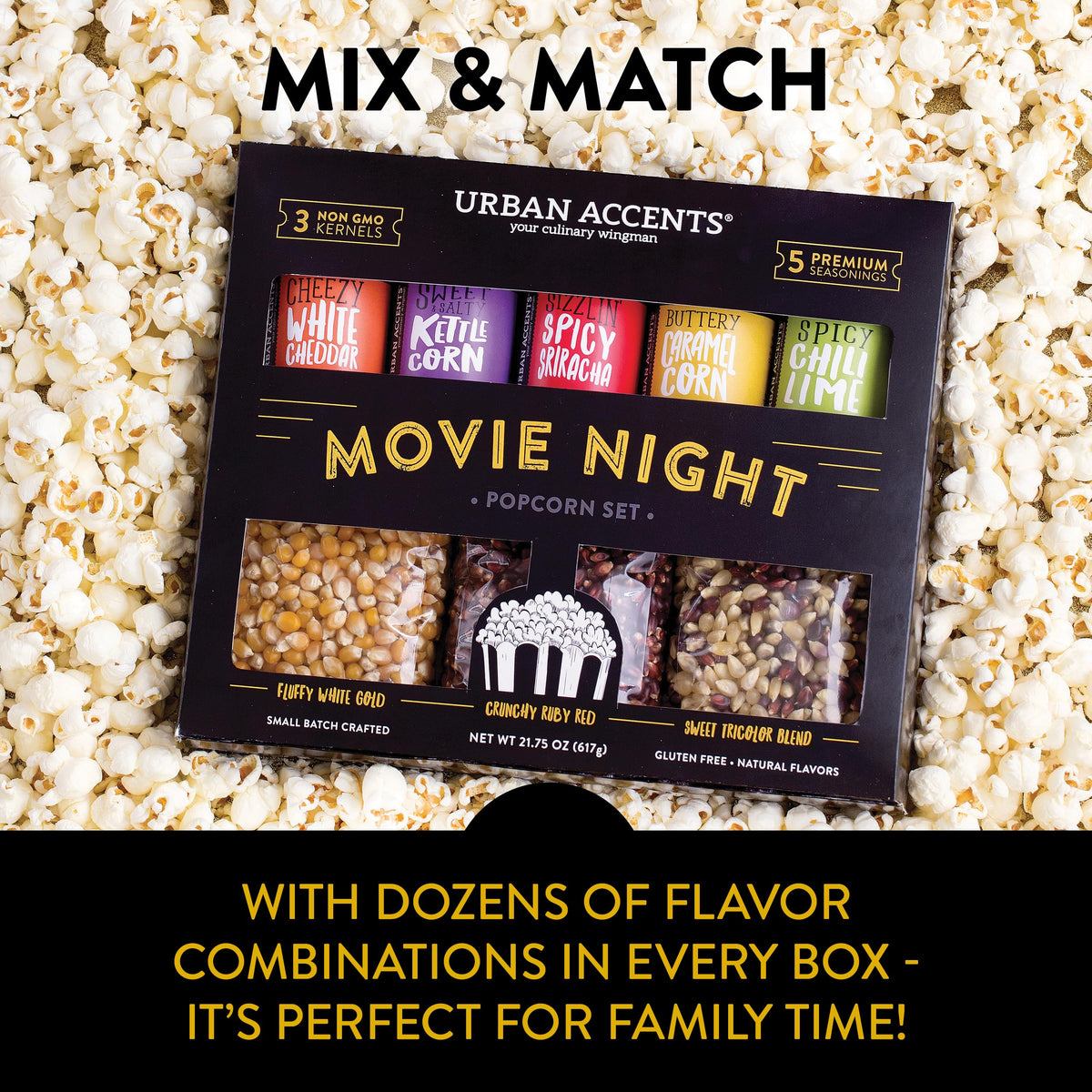 Urban Accents Movie Night Popcorn Gift Set | 3 Gourmet Kernels + 5 Flavorings