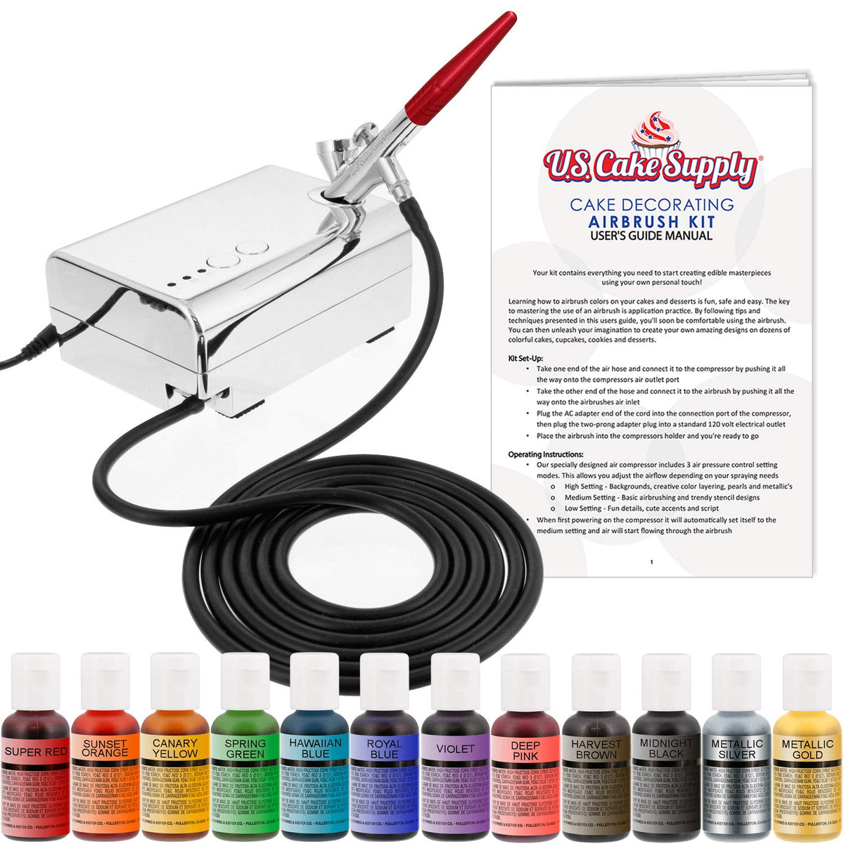U.S. Cake Supply Complete Cake Airbrush Decorating Kit with 12 Vibrant Colors