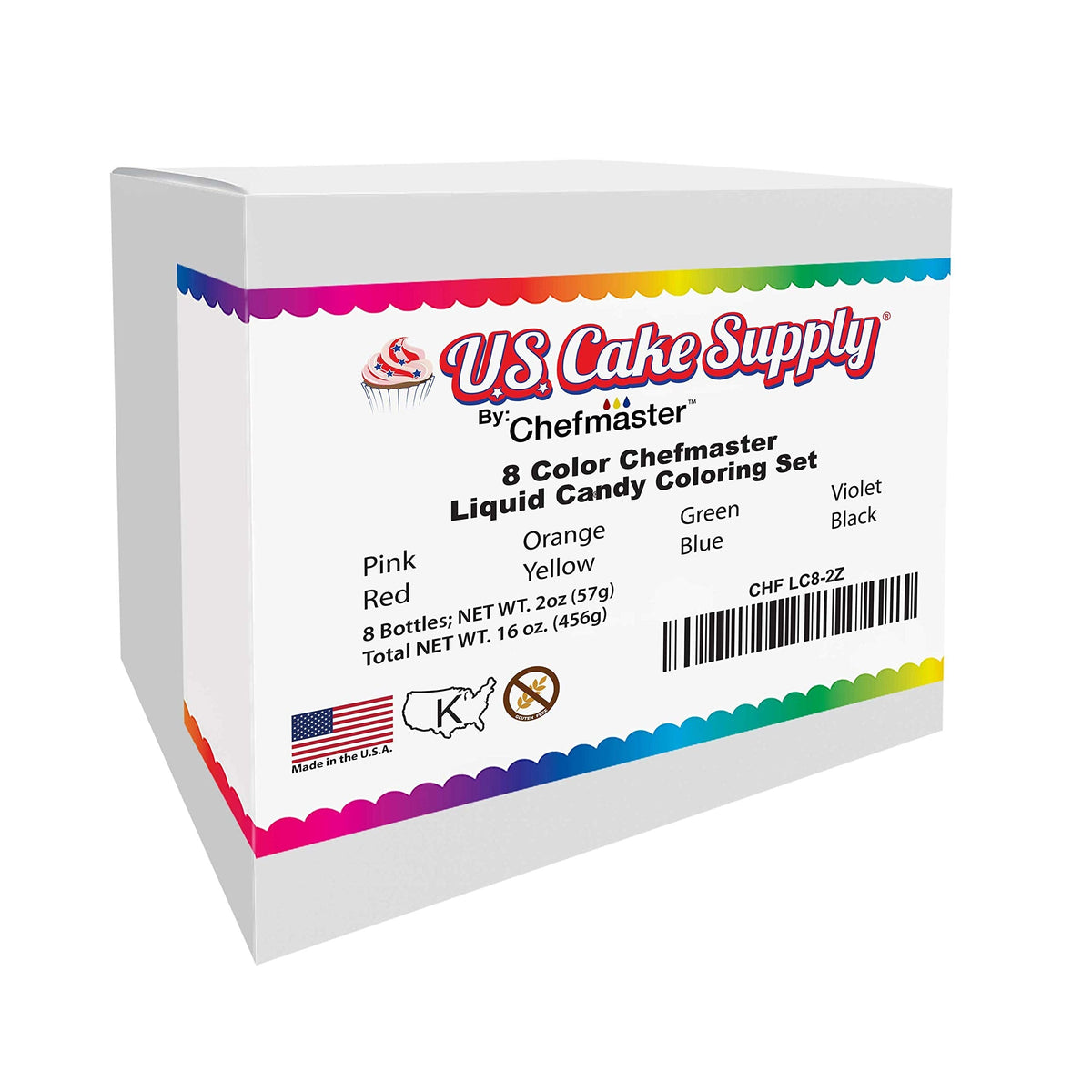 US Cake Supply 8-Bottle Liquid Candy Color Kit with Mixing Wheel — 2 oz Bottles for Chocolate & Candy