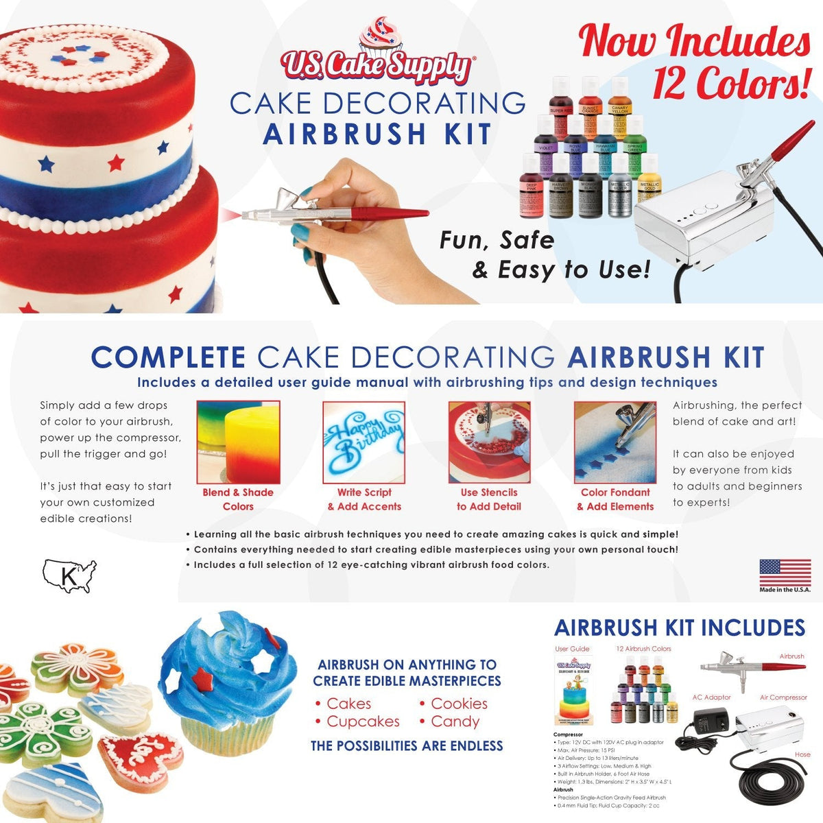 U.S. Cake Supply Complete Cake Airbrush Decorating Kit with 12 Vibrant Colors