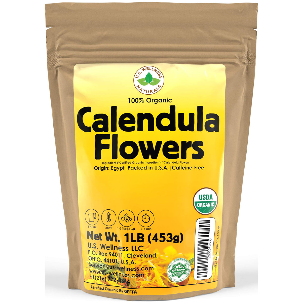 Calendula Tea 1lb — 100% Organic Whole Flower, Caffeine Free | U.S. Wellness Naturals