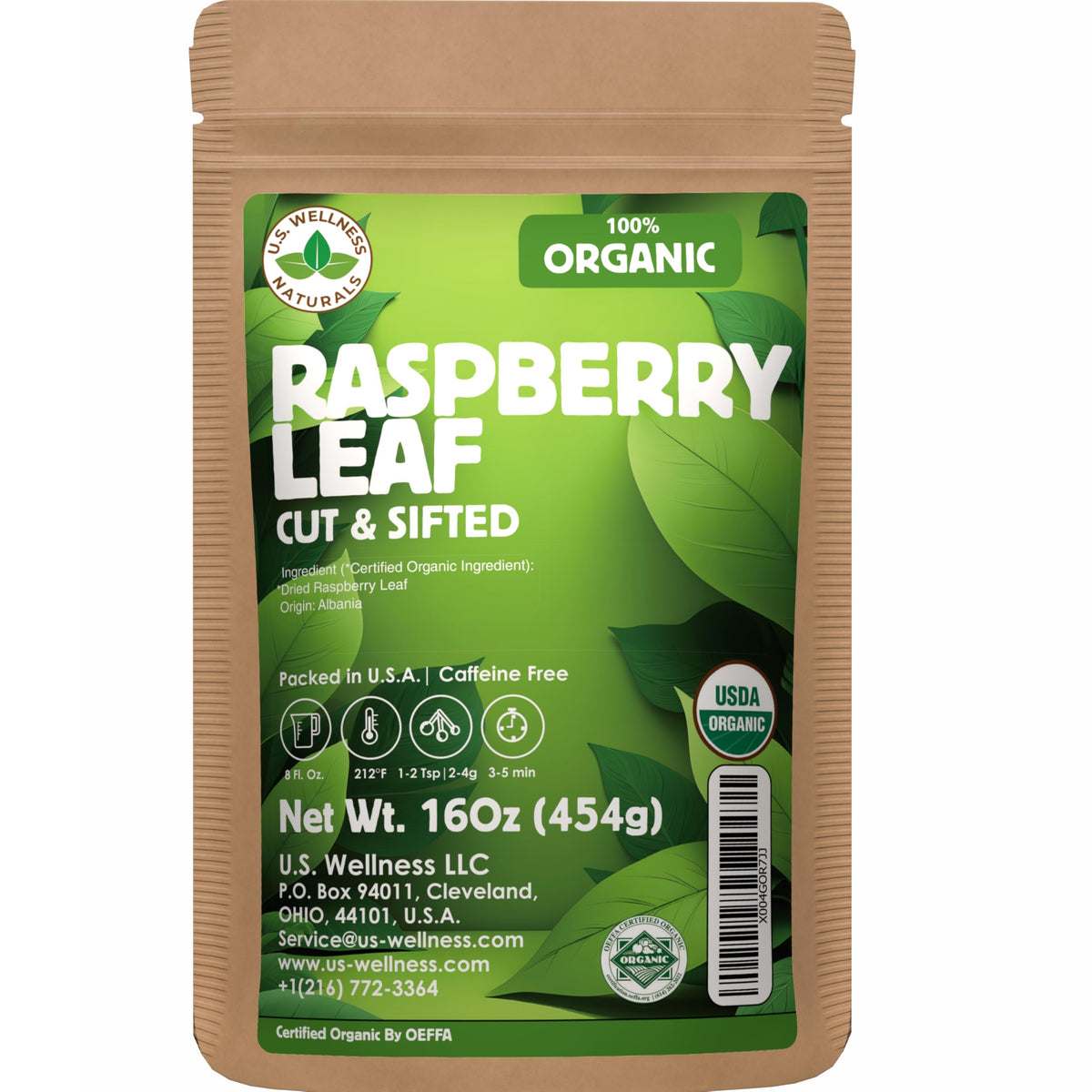 U.S. Wellness Naturals Raspberry Leaf Tea – 16 oz | Organic Wild Harvest Loose Leaf