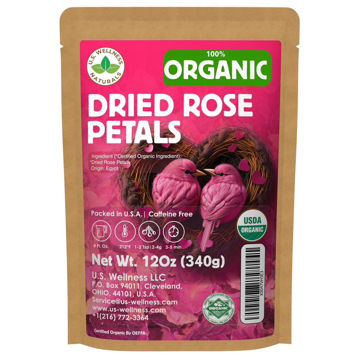 U.S. Wellness Naturals Organic Culinary Rose Petals – 12 oz, Dried & Edible
