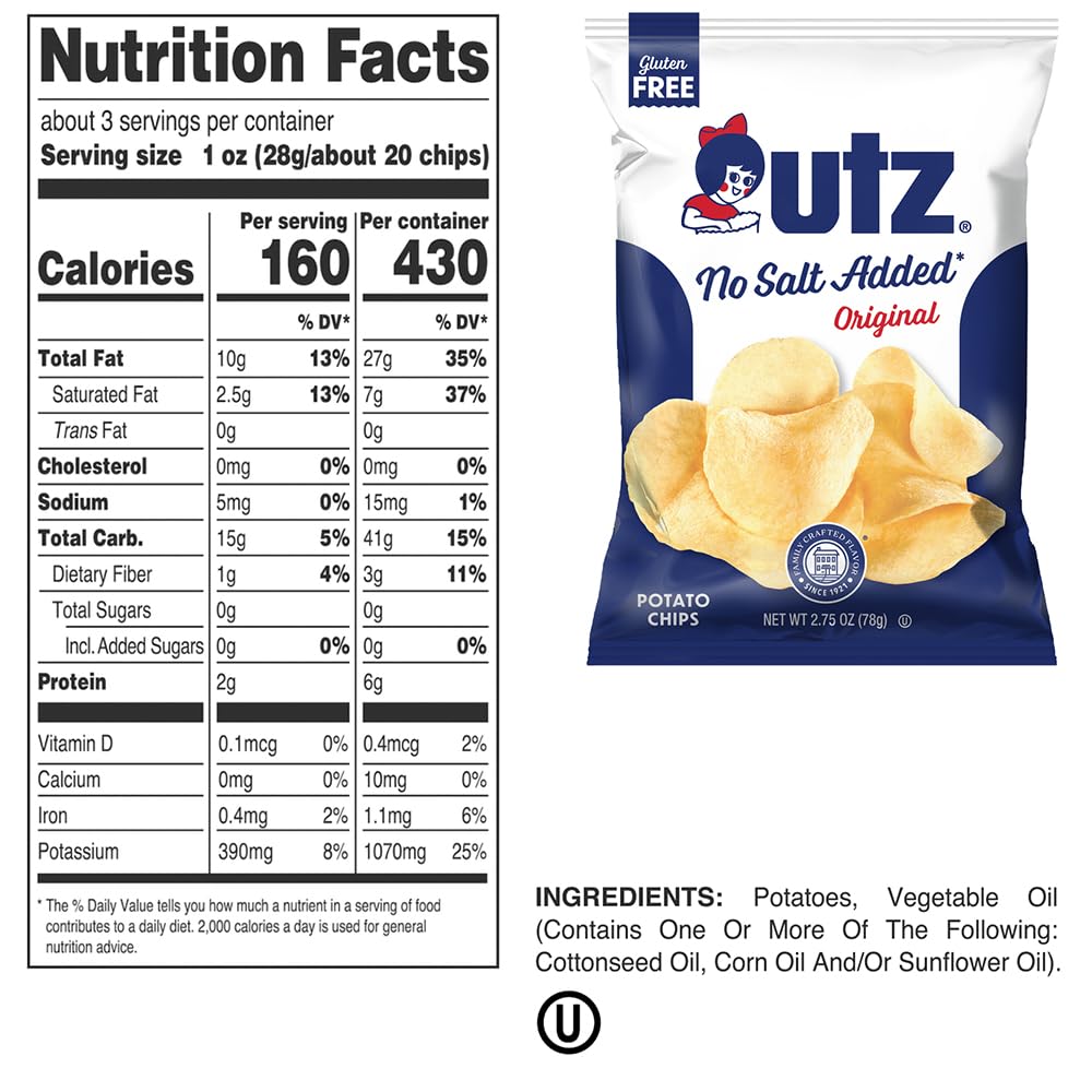 Utz No Salt Added Potato Chips – 14-Pack (2.75 oz) | Classic Crunch & Fresh Potato Flavor