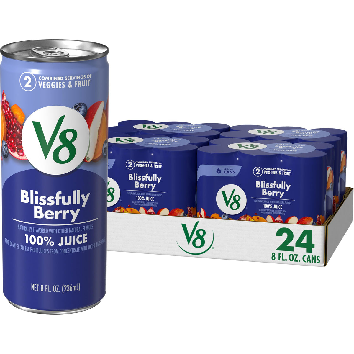 V8 Blissfully Berry 100% Fruit & Vegetable Juice – 24 Pack (8 oz Cans) | Gluten Free, No Sugar Added