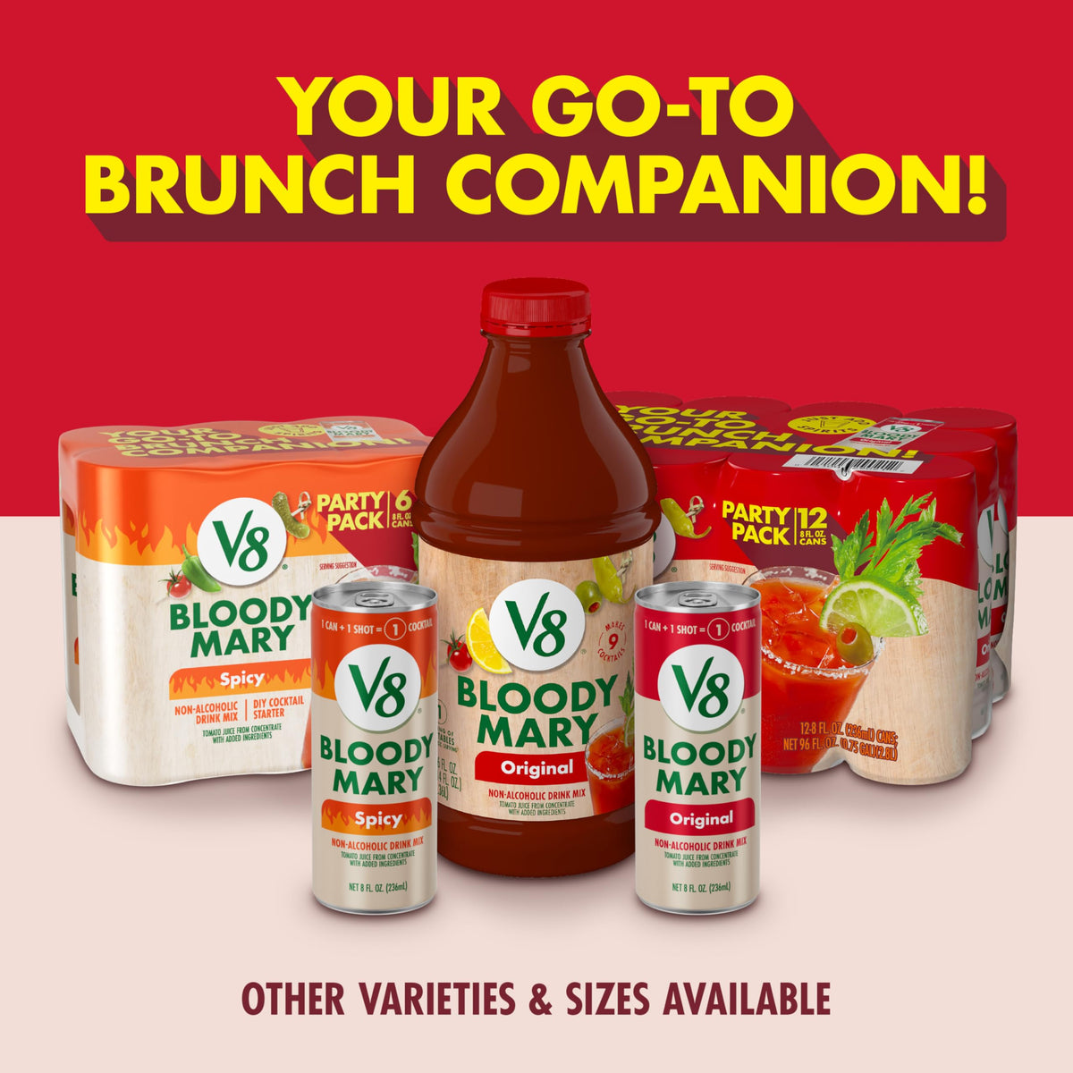 V8 Bloody Mary Mix — 8 fl oz Can (24 Cans) | Plant-Powered Cocktail Base