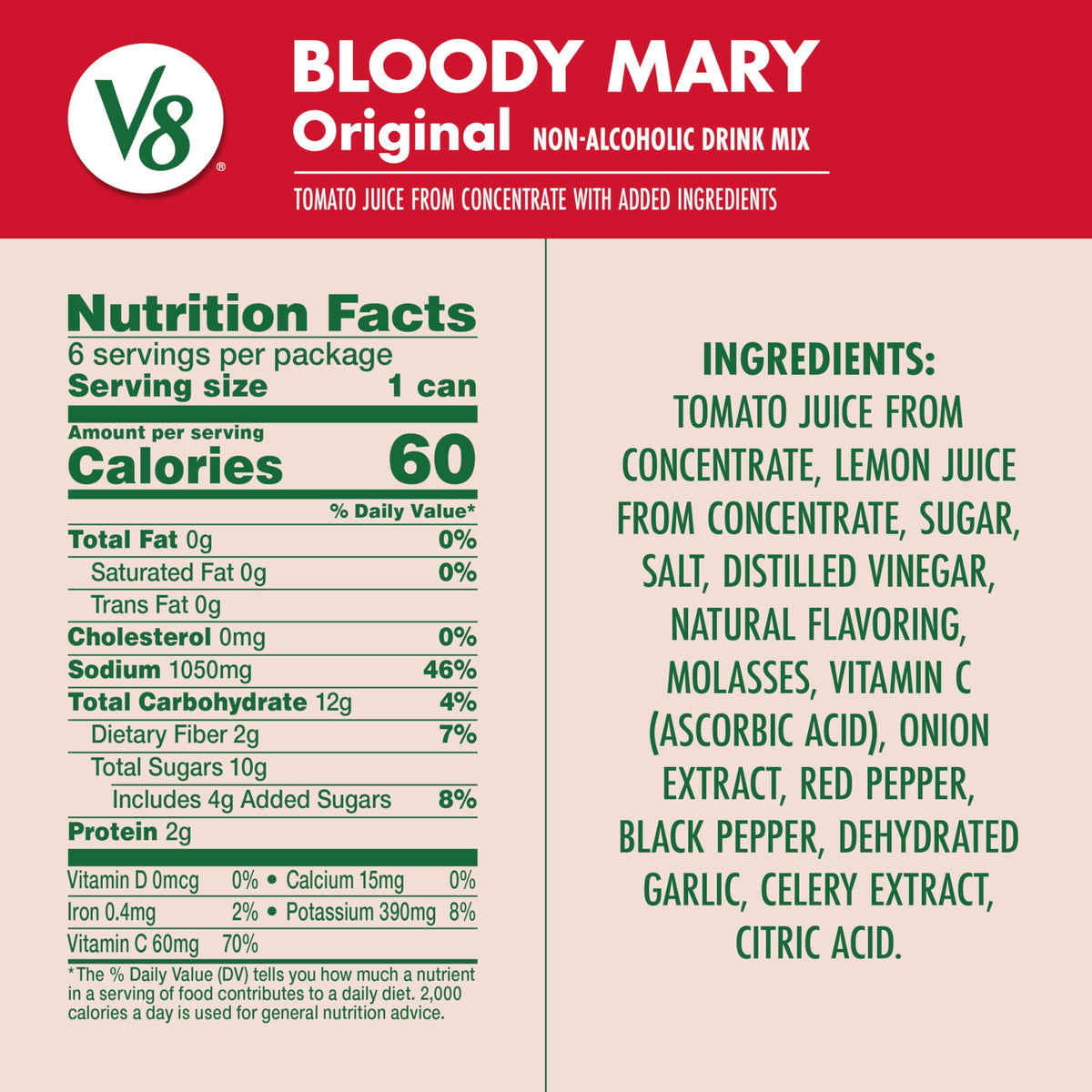 V8 Bloody Mary Mix — 8 fl oz Can (24 Cans) | Plant-Powered Cocktail Base