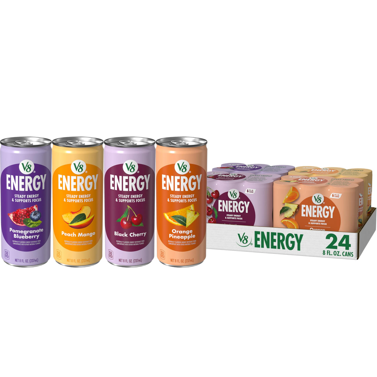 V8 +Energy 4-Flavor Juice Energy Drinks, 8 oz Cans, 24 Pack — Peach Mango, Orange Pineapple, Black Cherry, Pomegranate Blueberry