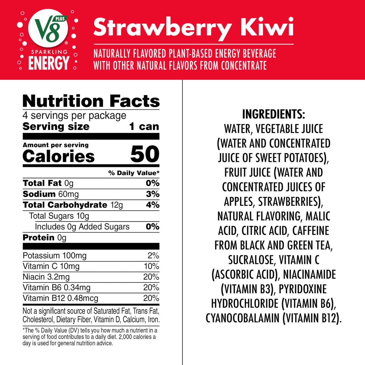 V8 +ENERGY Strawberry Kiwi Sparkling Juice Drink – 24-Count, 11.5 fl oz Cans