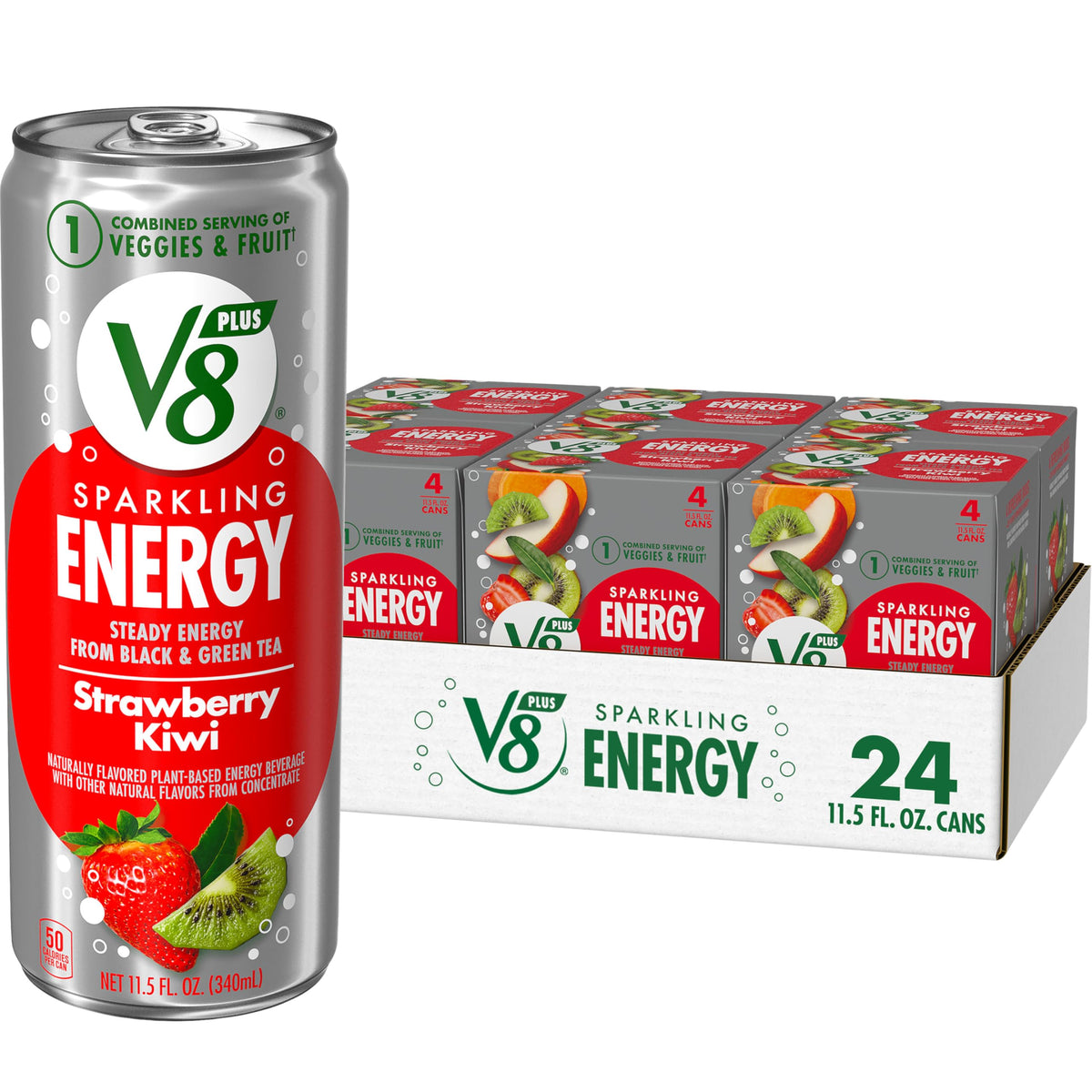 V8 +ENERGY Strawberry Kiwi Sparkling Juice Drink – 24-Count, 11.5 fl oz Cans