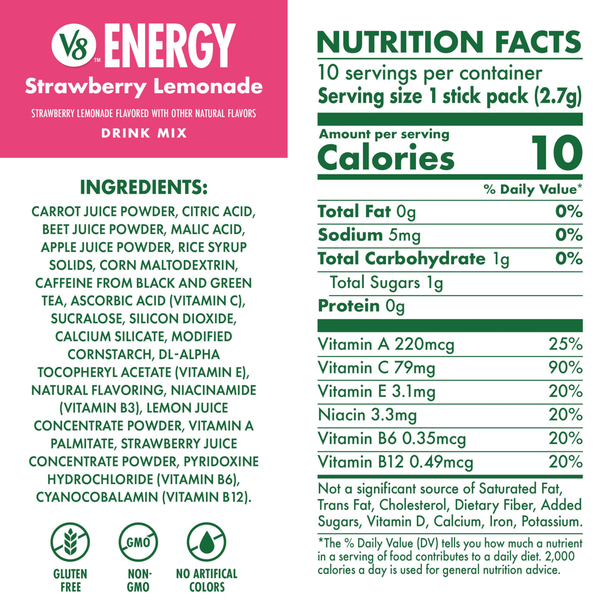 V8 Energy Strawberry Lemonade Powder — 120 Pack (0.10 oz) Energy Drink Mix
