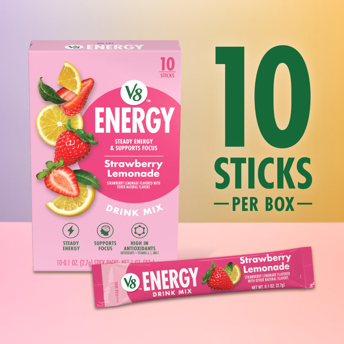 V8 Energy Strawberry Lemonade Powder — 120 Pack (0.10 oz) Energy Drink Mix