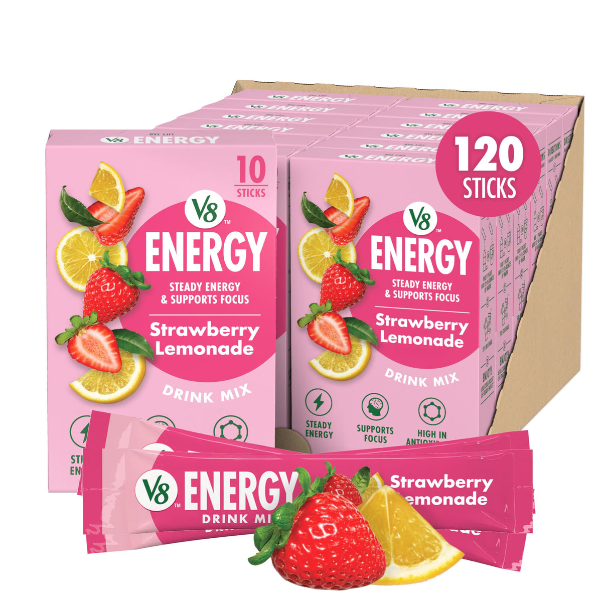 V8 Energy Strawberry Lemonade Powder — 120 Pack (0.10 oz) Energy Drink Mix
