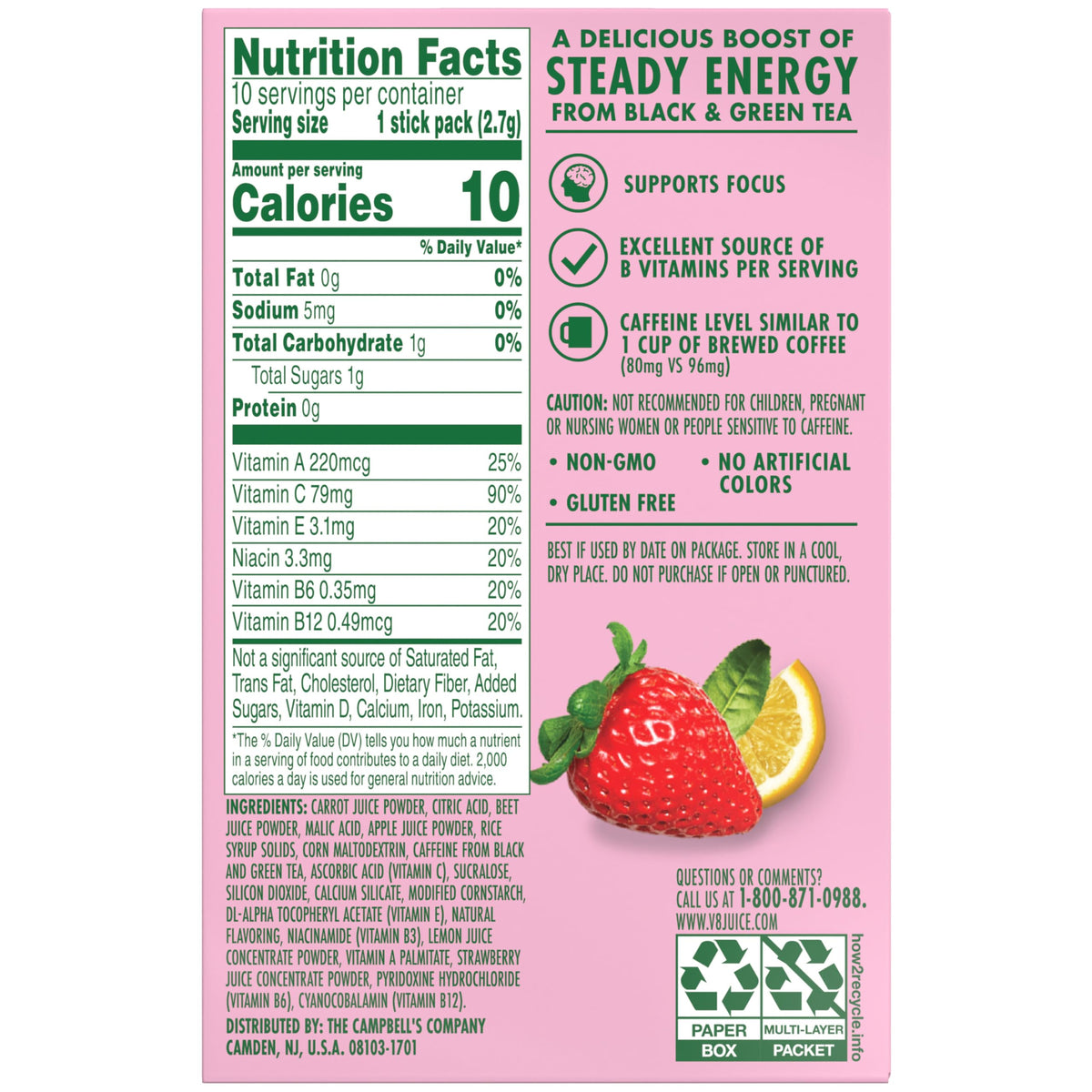 V8 Energy Strawberry Lemonade Powder — 120 Pack (0.10 oz) Energy Drink Mix