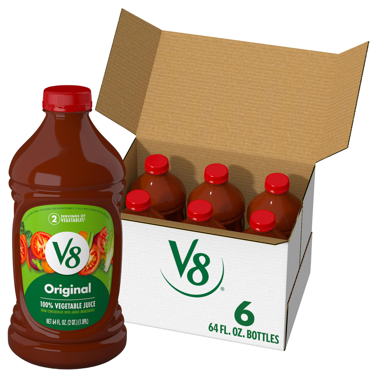 V8 Original 100% Vegetable Juice — 64 oz Bottle (Pack of 6) | 2 Veggie Servings per 8 oz