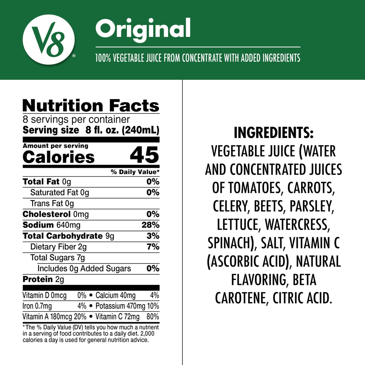 V8 Original 100% Vegetable Juice — 64 oz Bottle (Pack of 6) | 2 Veggie Servings per 8 oz