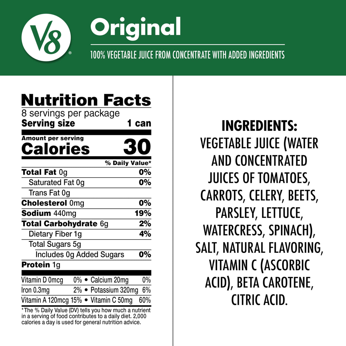 V8 Original 100% Vegetable Juice – Tomato & Veggie Blend, 5.5 fl oz Can, 6-Pack of 8 Cans