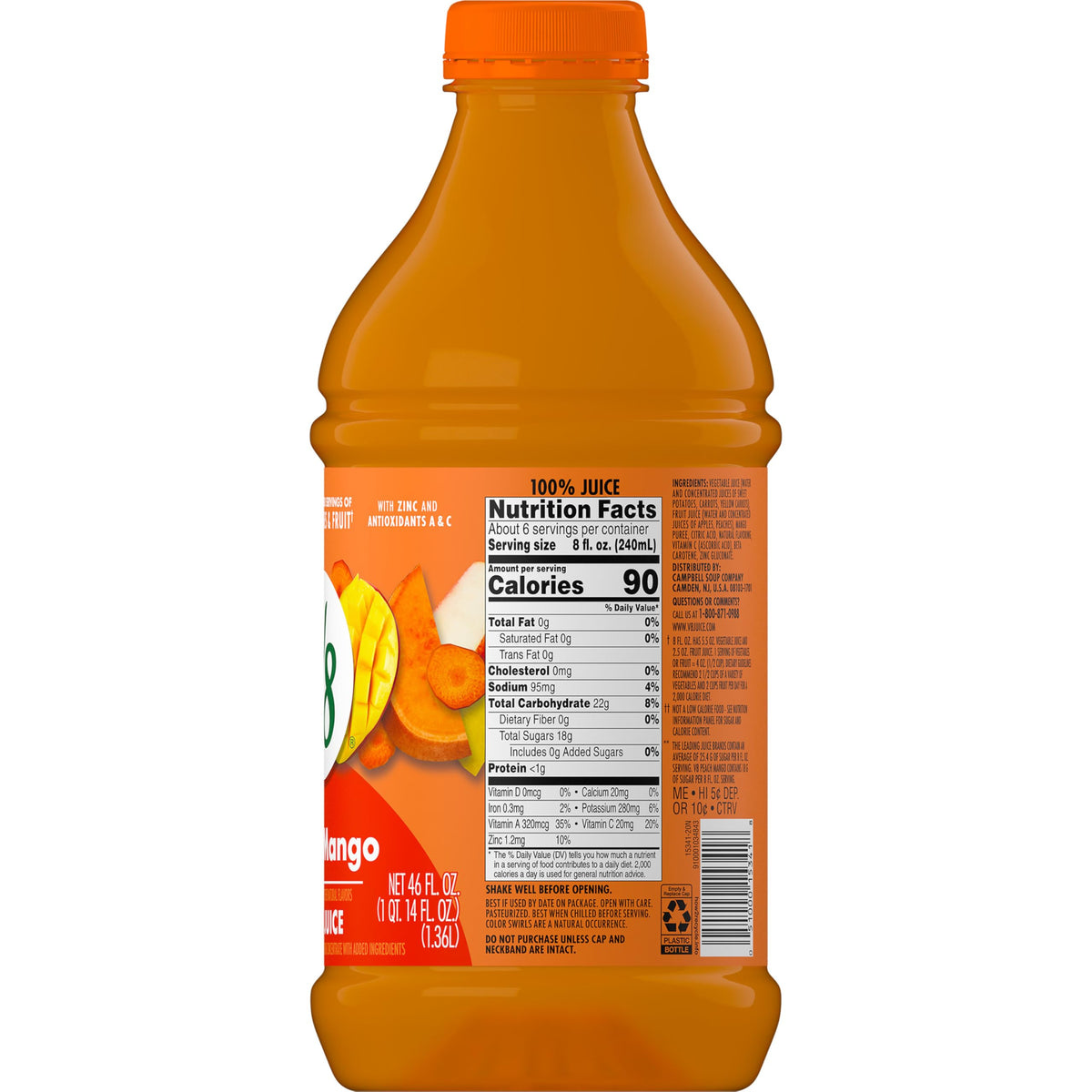 V8 Peach Mango 100% Fruit & Vegetable Juice — 6 x 46 fl oz Bottles