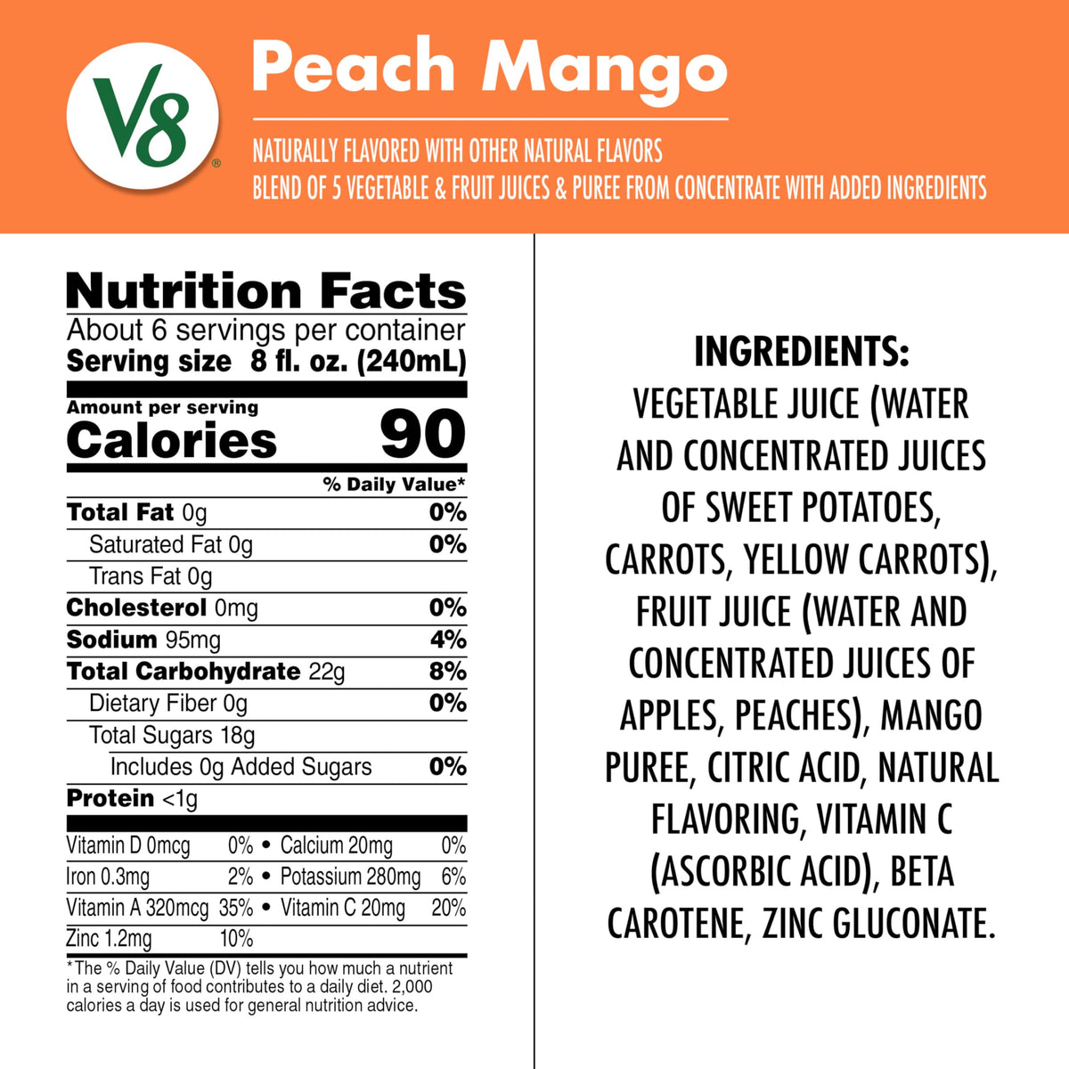 V8 Peach Mango 100% Fruit & Vegetable Juice — 6 x 46 fl oz Bottles