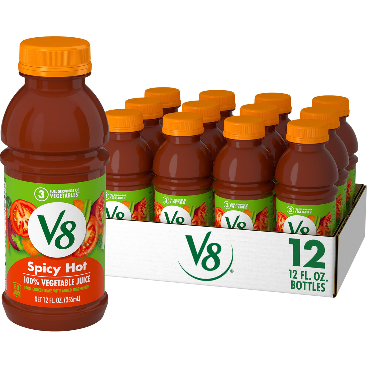 V8 Spicy Hot 100% Vegetable Juice – 12 Fl Oz Bottle (12 Pack)