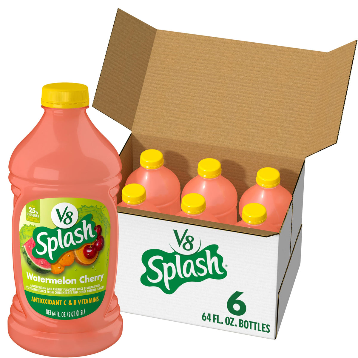 V8 Splash Watermelon Cherry Flavored Juice Beverage, 64 fl oz Bottle (6 Pack) – 40 Calories per Serving