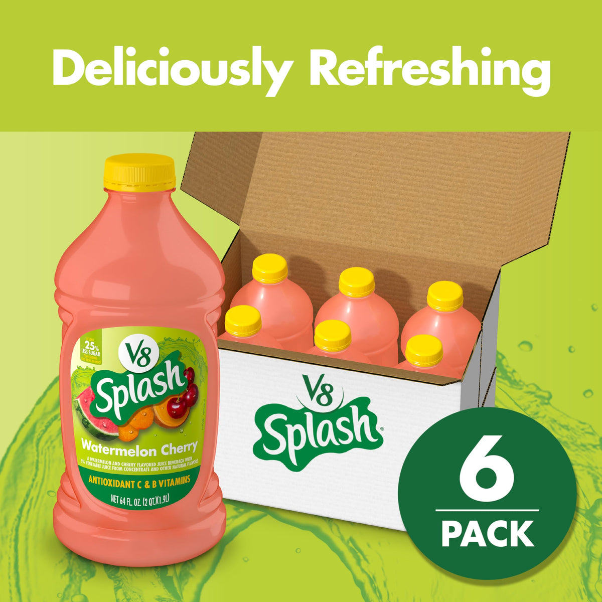 V8 Splash Watermelon Cherry Flavored Juice Beverage, 64 fl oz Bottle (6 Pack) – 40 Calories per Serving