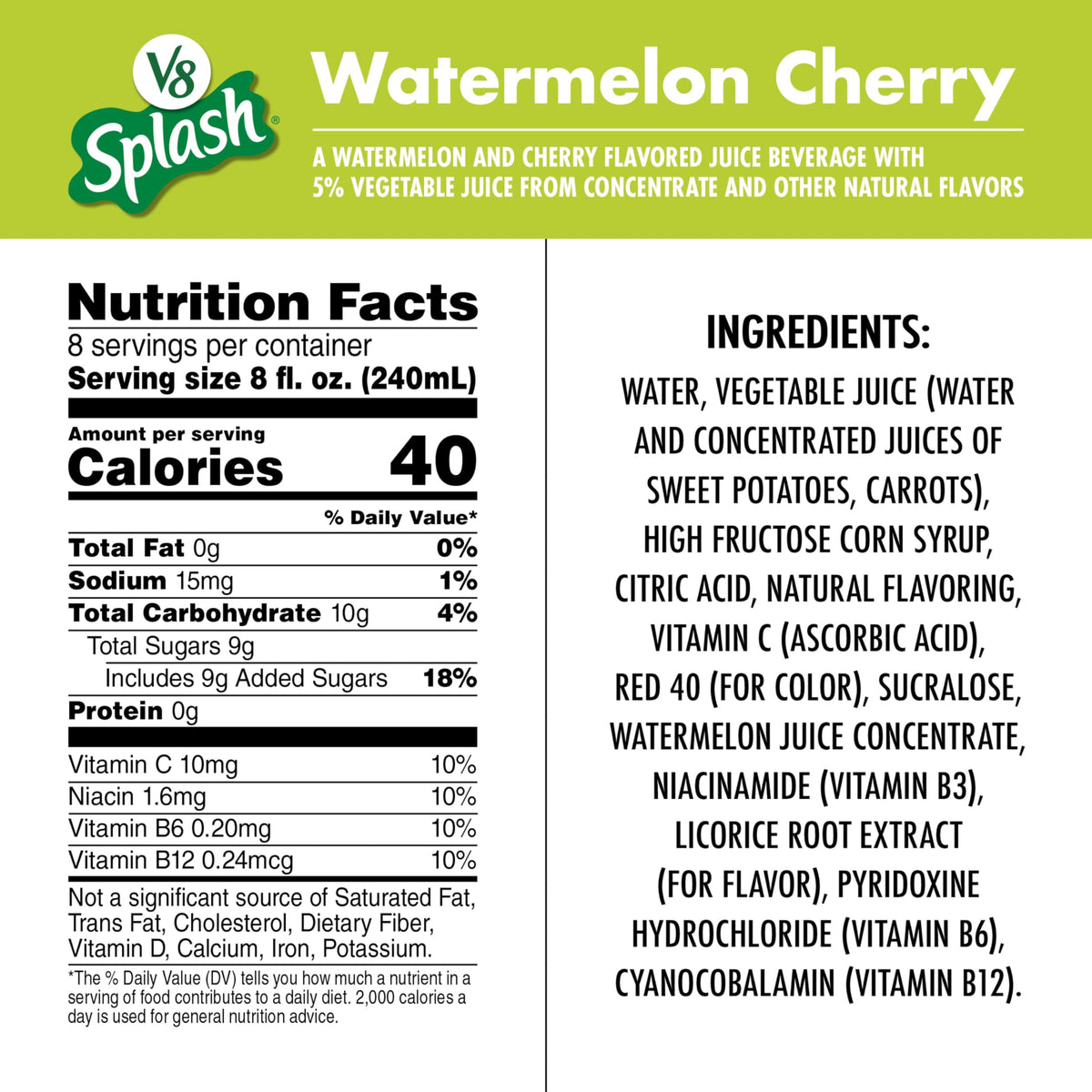 V8 Splash Watermelon Cherry Flavored Juice Beverage, 64 fl oz Bottle (6 Pack) – 40 Calories per Serving