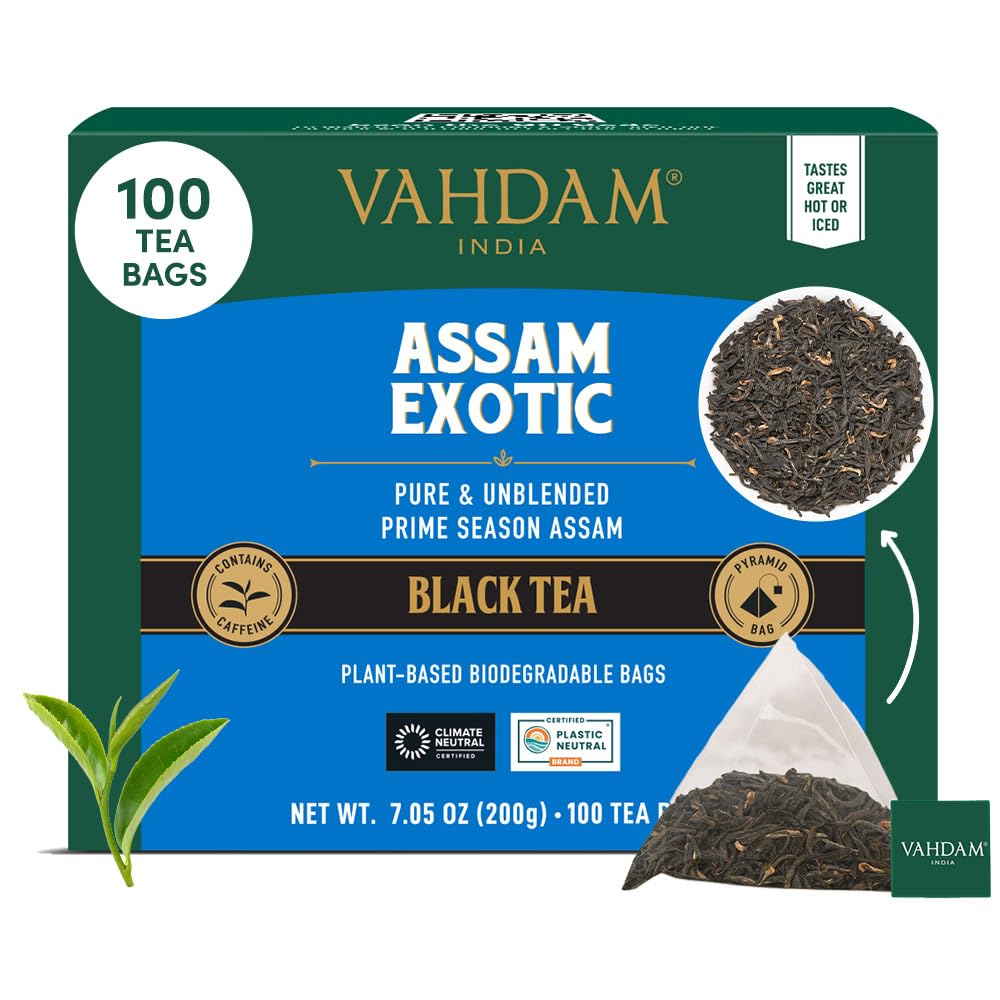 VAHDAM Assam Exotic Black Tea Bags — High Caffeine, Full-Bodied Pyramid Tea (100 Count)