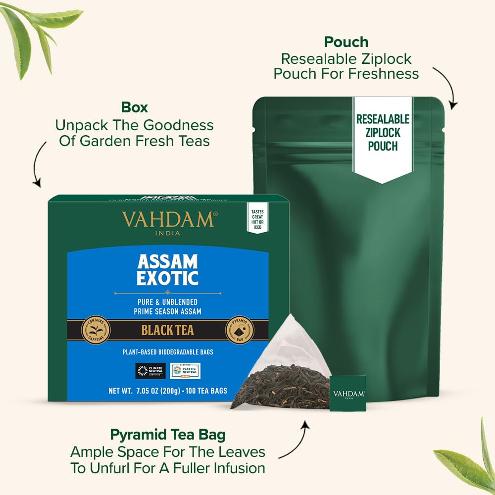 VAHDAM Assam Exotic Black Tea Bags — High Caffeine, Full-Bodied Pyramid Tea (100 Count)