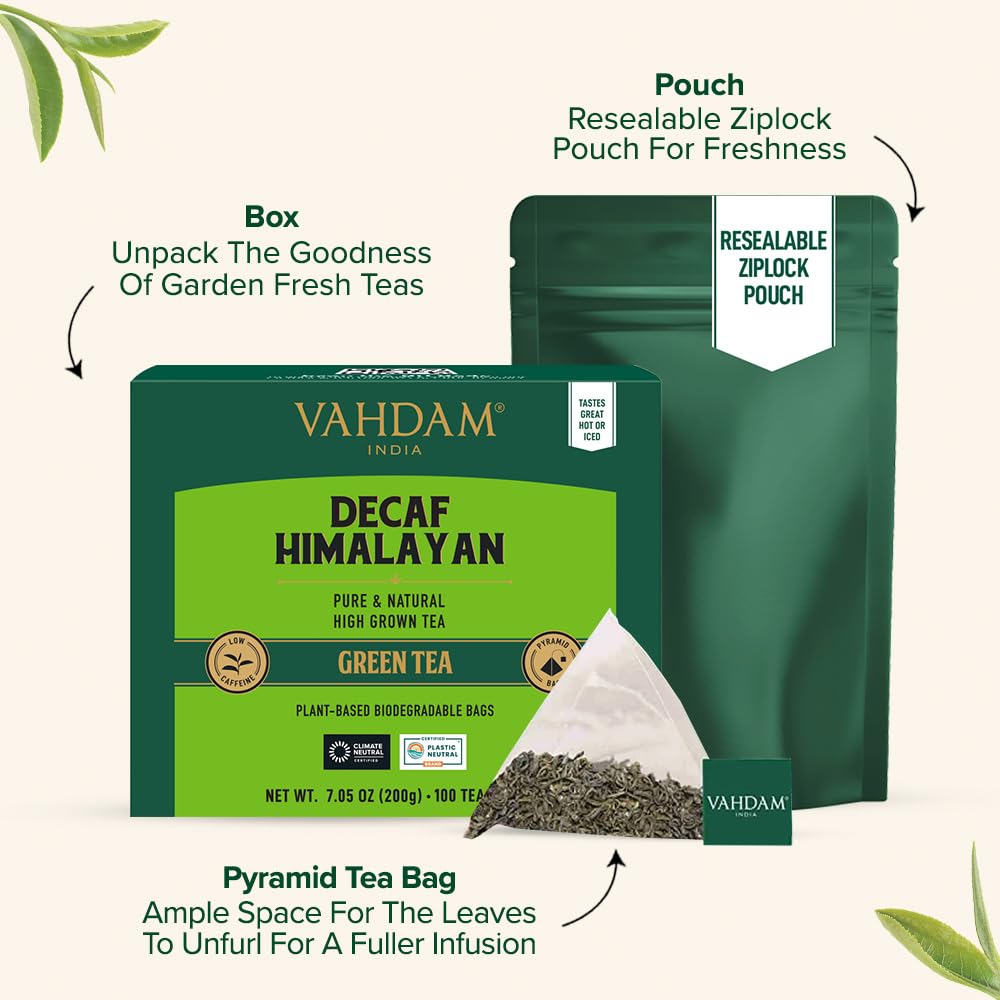 VAHDAM Decaf Himalayan Green Tea Bags | Caffeine Free, Gluten Free, 100 Pyramid Tea Bags