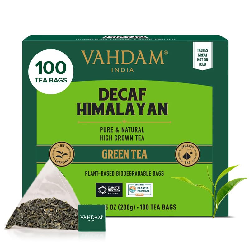 VAHDAM Decaf Himalayan Green Tea Bags | Caffeine Free, Gluten Free, 100 Pyramid Tea Bags