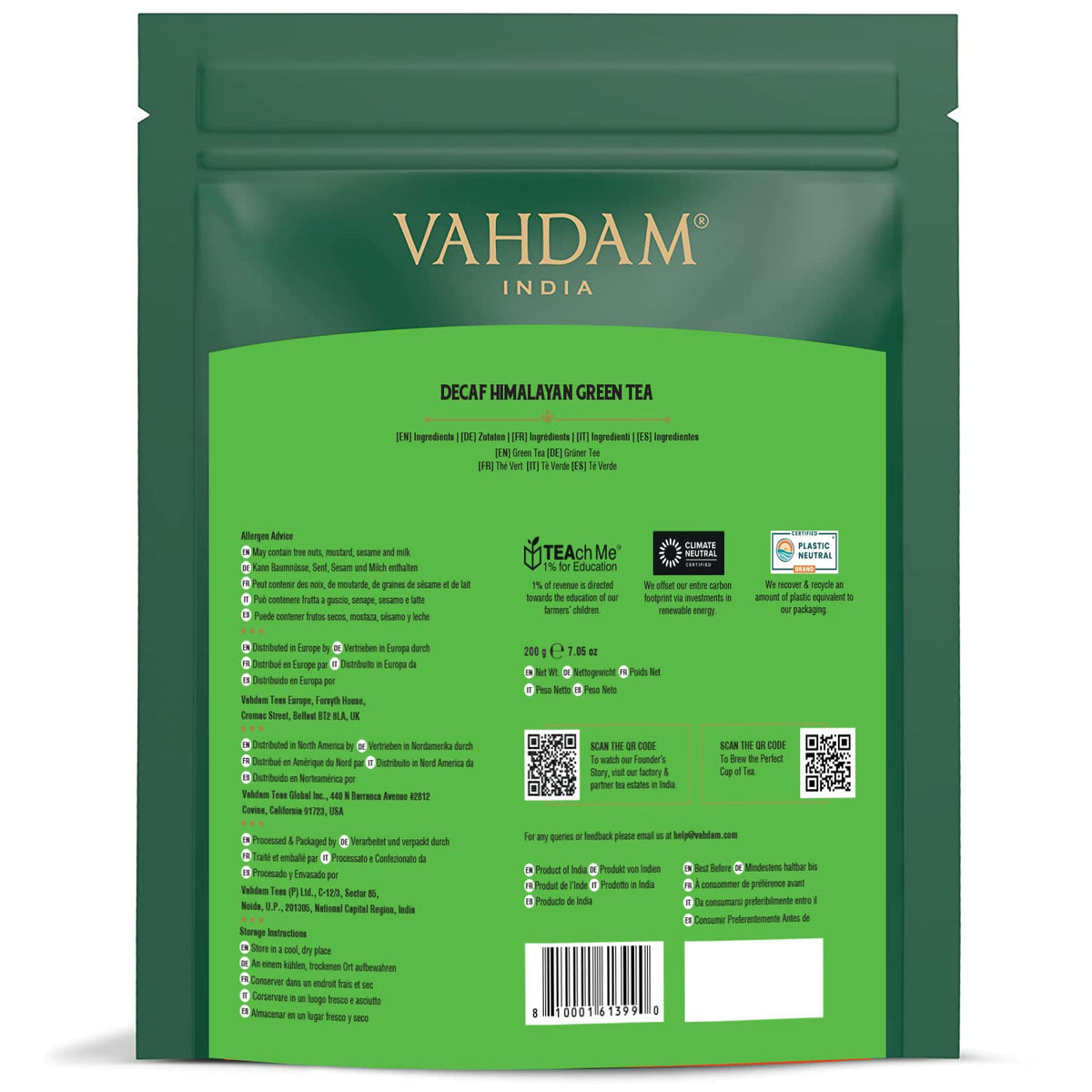 VAHDAM Decaf Himalayan Green Tea Bags | Caffeine Free, Gluten Free, 100 Pyramid Tea Bags