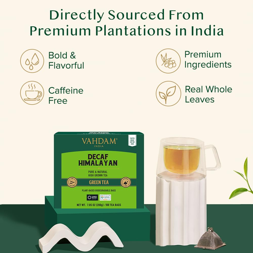 VAHDAM Decaf Himalayan Green Tea Bags | Caffeine Free, Gluten Free, 100 Pyramid Tea Bags
