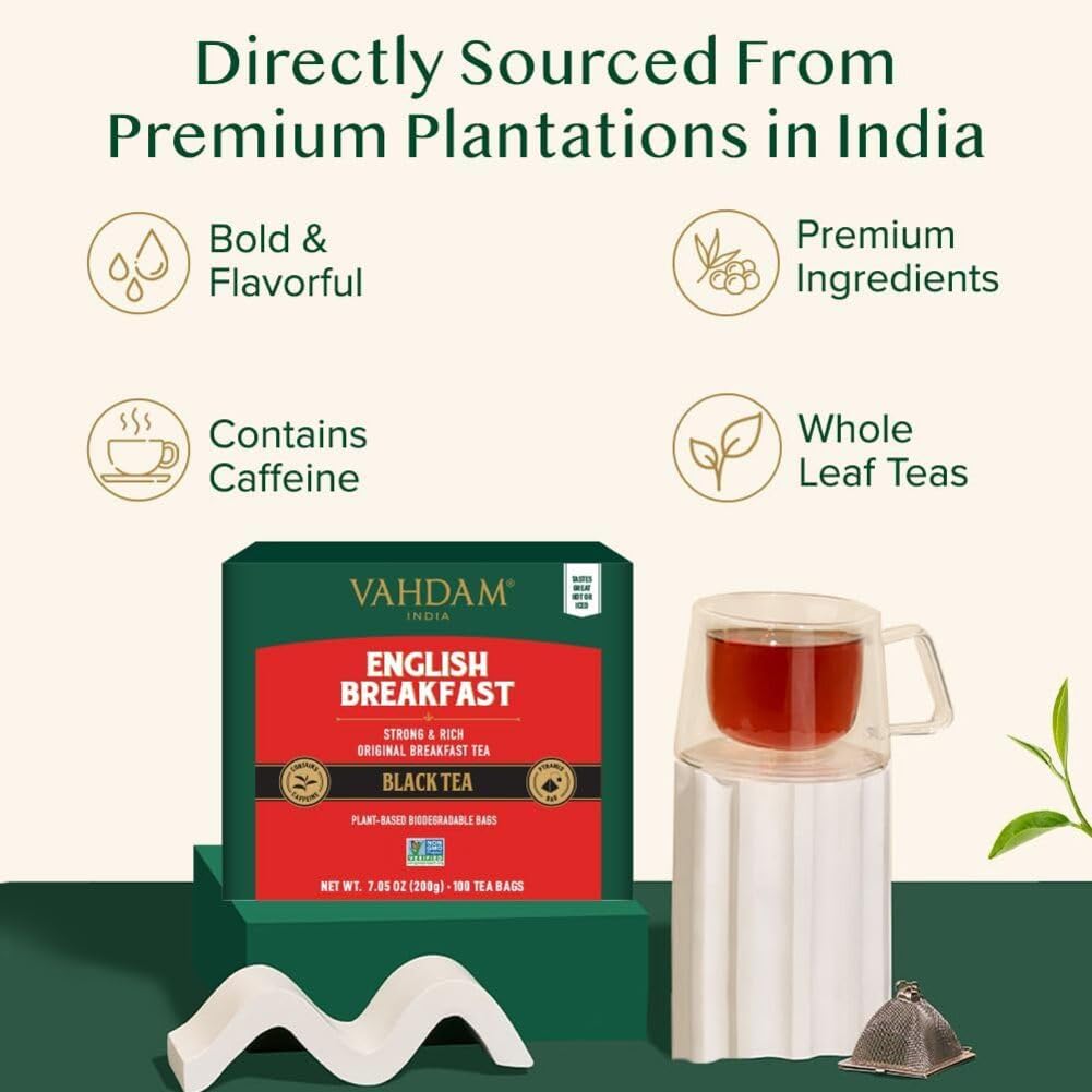 VAHDAM English Breakfast Black Tea Bags – 100 Count, High Caffeine, Full-Bodied & Rich Flavor | Pyramid Tea Bags