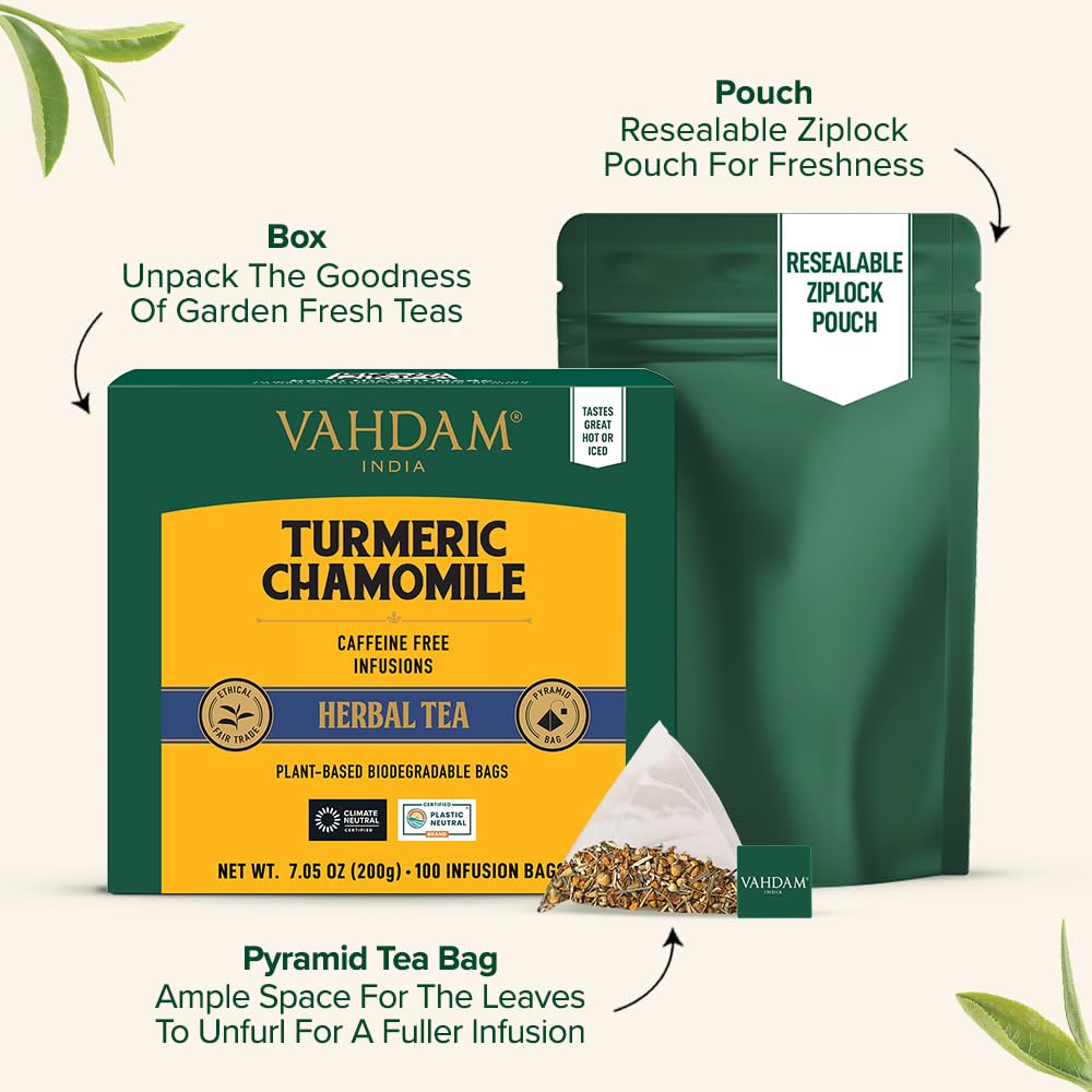 VAHDAM Turmeric Chamomile Tea Bags – Caffeine-Free Herbal Tisane (100 Bags)