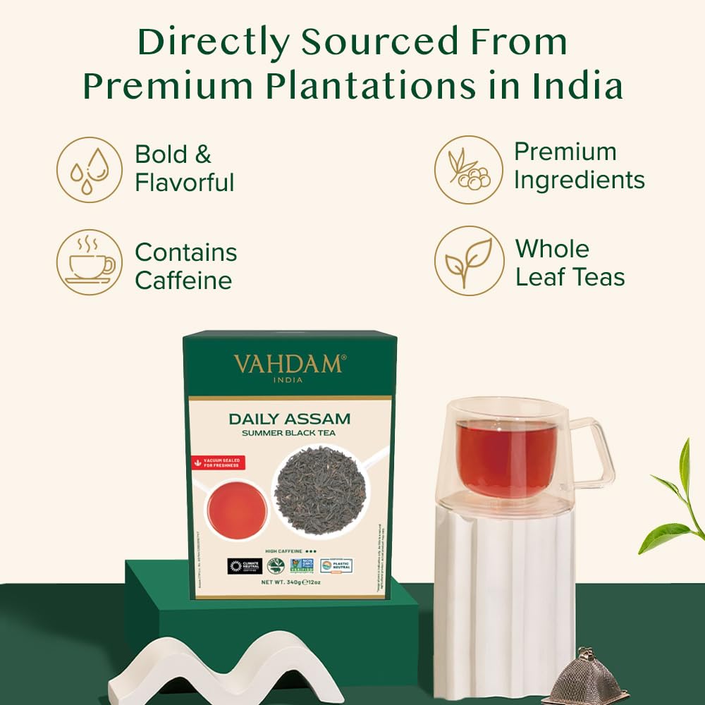 VAHDAM Assam Black Tea Leaves – 340g/12oz | High Caffeine, Non-GMO, Gluten-Free, Vacuum-Sealed, 170+ Servings